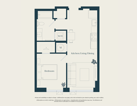 Floor plan for 1 bed, 1 bath, 564 sqft